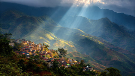 Majestic rays of sunlight break through dense clouds, casting a warm glow over a quaint mountain village surrounded by lush, rolling hills, creating a serene atmosphere.の素材