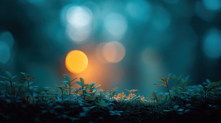 A captivating scene showcases gentle morning light filtering through a forest, casting a warm glow on lush green plants. A peaceful atmosphere invites reflection.の素材
