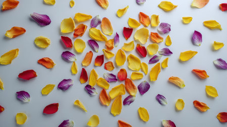 This image features a beautiful and colorful array of flower petals scattered on a white background, ideal for creative projects, invitations, or decor.の素材