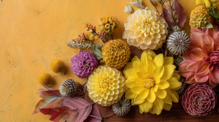 This stunning floral arrangement features a variety of colorful blooms on a bold yellow background, perfect for enhancing any design project or seasonal celebration.の素材
