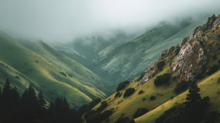 A stunning view of misty green mountains showcases rolling hills shrouded in fog, rocky formations rising amidst lush greenery, creating a tranquil atmosphere.の素材