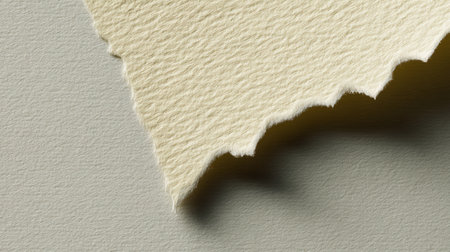 Close-up view of a textured paper edge against a soft gray background. The torn edge showcases the uniqueness of paper, ideal for creative projects and design inspiration.の素材