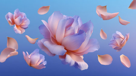 A stunning arrangement of pastel-colored flowers surrounded by softly floating petals against a calming blue gradient background, ideal for artistic designs.の素材