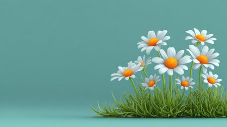 A delightful arrangement of white daisy flowers with vibrant yellow centers, set against a soft blue background. Perfect for nature-themed projects and illustrations.の素材