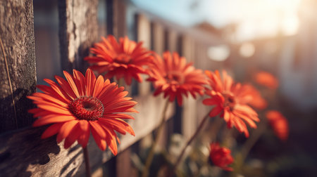 Bright orange flowers bloom alongside a rustic wooden fence, with soft sunlight illuminating the scene, creating a peaceful and inviting garden atmosphere.の素材