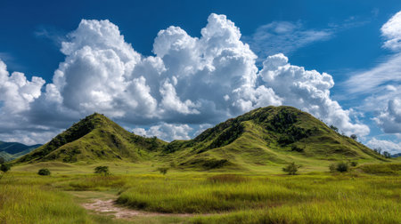 Experience the serene beauty of lush green hills under a bright blue sky adorned with fluffy white clouds, capturing the essence of untouched nature and tranquility.の素材