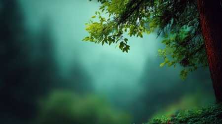 Experience a captivating forest scene showcasing lush green leaves amidst a misty backdrop of blurred trees, evoking a sense of tranquility and connection to nature.の素材