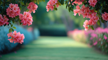 A captivating view of vibrant pink flowers framing a tranquil garden pathway, showcasing lush greenery and a soft-focus background, perfect for nature lovers.の素材