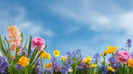 A colorful field of blooming flowers under a clear blue sky captures the essence of spring. This vibrant scene showcases nature's beauty and tranquility.の素材