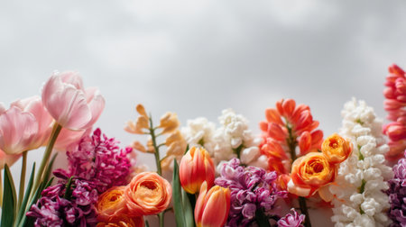 A vibrant arrangement of colorful flowers featuring tulips, hyacinths, and ranunculus showcases the beauty of spring against a soft, cloudy backdrop. Perfect for floral inspiration.の素材