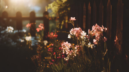A picturesque evening scene depicting colorful flowers blooming near a rustic wooden fence, illuminated by soft light, creating a serene and peaceful atmosphere.の素材