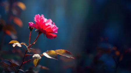 A stunning close-up of a vibrant pink rose flower captured in natural light, showcasing its delicate petals against a soft blue background, evoking feelings of beauty and tranquility.の素材