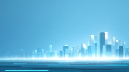 Explore a captivating futuristic cityscape featuring a serene blue ambiance, illuminated skyscrapers, and modern architectural design, creating a tranquil urban environment.の素材