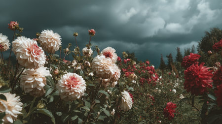A breathtaking scene of vibrant dahlias in a flower field, contrasted against a moody stormy sky. This image captures the beauty of nature in an atmospheric landscape.の素材