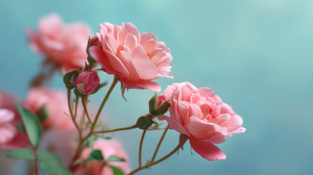 A mesmerizing close-up of delicate pink roses surrounded by soft, blurred greenery, perfect for enhancing romantic and floral-themed projects with its serene beauty.の素材
