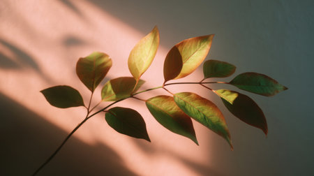A graceful arrangement of green and orange leaves is illuminated by soft natural light, casting beautiful shadows on a gentle background, evoking serenity and beauty in nature.の素材