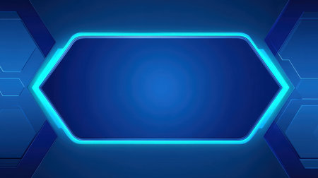 This image features a vibrant blue background with a glowing neon border and hexagonal patterns, perfect for digital designs, technology themes, or modern graphics.の素材