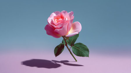 A stunning soft pink rose stands gracefully on a delicate gradient background, perfectly highlighting the essence of natural beauty and elegance in floral design.の素材