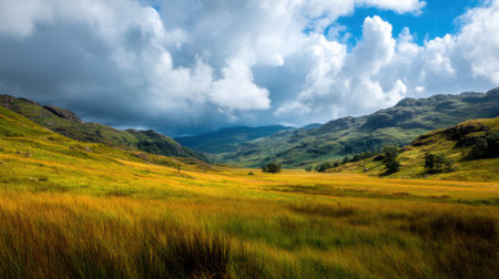 A breathtaking view of lush green hills and golden grass fields under a dramatic cloud-filled sky. This serene rural landscape invites tranquility and exploration.の素材