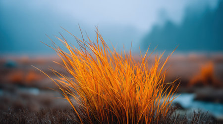 Captivating view of bright orange grass standing tall in serene marshland, surrounded by a misty backdrop. This image encapsulates the essence of nature's beauty in autumn.の素材