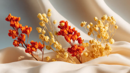 A stunning display of vibrant dried flowers set against a soft fabric background, showcasing warm tones and delicate textures, perfect for creative decor inspiration.の素材