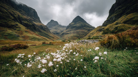 A stunning misty landscape featuring vibrant white flowers in a serene valley surrounded by dramatic rocky peaks under a cloudy sky. Perfect for nature lovers.の素材