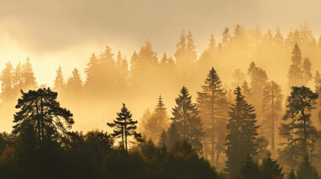 This stunning image captures a serene forest at dawn, with soft fog enveloping tall pine trees illuminated by golden sunrise light, evoking a sense of tranquility.の素材