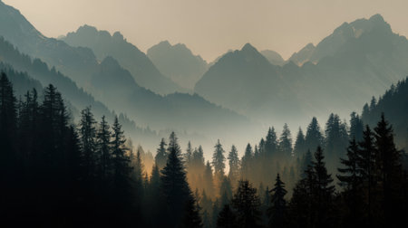 A breathtaking view of a misty mountain landscape at dawn, showcasing a tranquil forest with towering trees and majestic peaks. Perfect for nature lovers and explorers.の素材