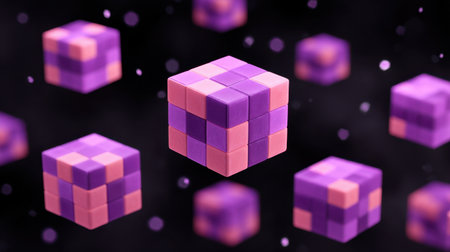 This visually striking image features abstract cubes in vibrant shades of purple and pink, floating gracefully in a dark, soft-focused background, ideal for design.の素材