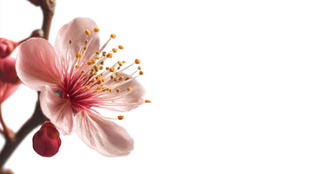 A stunning close-up of a delicate pink flower featuring vibrant yellow stamen, illustrating nature's beauty and elegance against a clean white background.の素材
