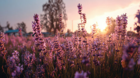 Capture the beauty of a breathtaking sunset over a lavender field, where vibrant blooms meet soft light, creating a serene atmosphere perfect for nature enthusiasts.の素材