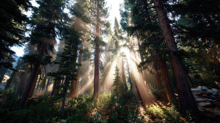 Experience the beauty of nature with sunlight streaming through trees in a peaceful forest. The gentle rays highlight the lush greenery and create a tranquil atmosphere.の素材