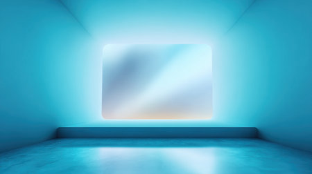This image features a minimalist room illuminated by soft blue light, creating a tranquil atmosphere perfect for a display or artistic presentation.の素材