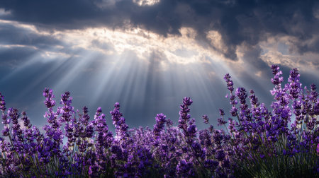 A captivating view of lavender flowers stretching towards a cloudy sky, with rays of sunlight breaking through. A serene display of natureの素材