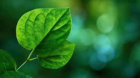 Stunning close-up of fresh green leaves showcasing intricate veins against a soft-focused background, ideal for nature photography, design, or environmental themes.の素材