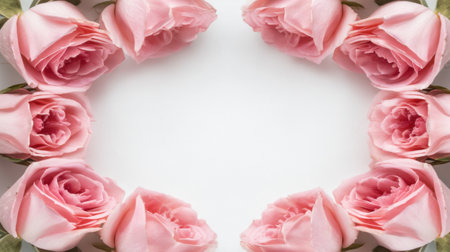 A stunning arrangement of soft pink roses framing a blank white space, perfect for creating personalized designs or celebrating special moments in life.の素材