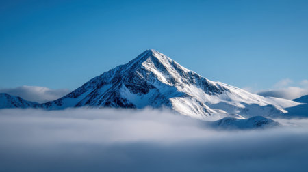 A stunning view of a snow-capped mountain peak rising majestically above soft clouds, creating a breathtaking winter landscape under a clear blue sky.の素材