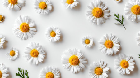 A beautiful flatlay arrangement of fresh daisies with white petals and yellow centers on a clean white background, perfect for nature-themed projects and designs.の素材