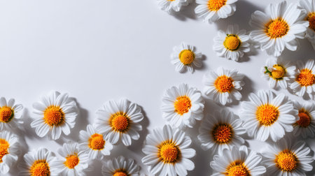 This image features a collection of bright white flowers with orange centers scattered across a clean surface, perfect for enhancing designs with a fresh and cheerful vibe.の素材