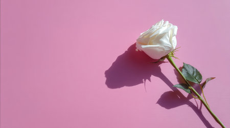 A beautiful white rose rests gently against a soft pink background, creating a serene and elegant composition perfect for romantic themes and floral art.の素材
