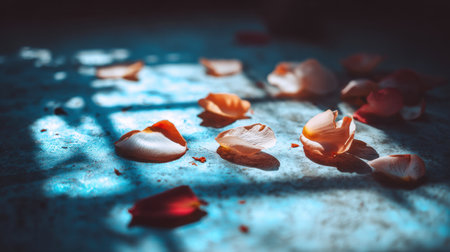 A serene scene featuring delicate rose petals scattered on a soft blue surface, illuminated by ethereal light and shadows, ideal for romantic projects or decor.の素材