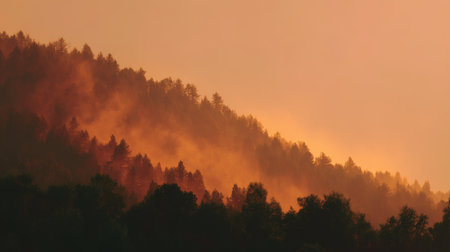 A stunning view of forested hills at sunset, featuring a mix of warm orange and gold tones over a misty landscape, creating a serene and peaceful atmosphere.の素材