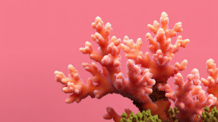 An exquisite coral reef structure showcases vibrant branches against a soft pink background, highlighting the beauty and diversity of marine ecosystems.の素材