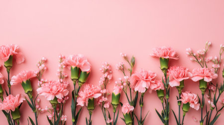A beautiful arrangement of pink carnations and delicate baby's breath stands out against a soft pink background, perfect for various decorative uses and floral designs.の素材