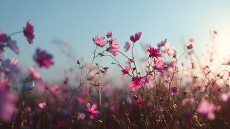 A tranquil scene of a field filled with vibrant wildflowers in varying hues of pink, illuminated by gentle morning light, perfect for nature lovers and serene landscapes.の素材
