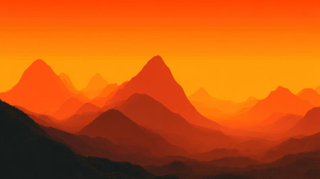 Experience a captivating sunrise over majestic mountains, with layers of vibrant orange hues blending into the serene landscape, evoking a sense of adventure and tranquility.の素材