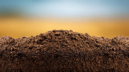 This close-up image showcases rich brown soil with a soft focus in the background, ideal for agricultural themes, gardening inspiration, and landscape design projects.の素材