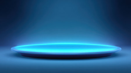 This image features a blue glowing platform set against a dark background, offering a sleek, modern look suitable for various creative and promotional projects.の素材