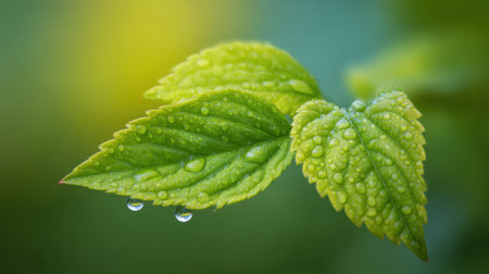 A stunning close-up image of fresh green leaves adorned with glistening dew drops, highlighting the intricate details of natureの素材