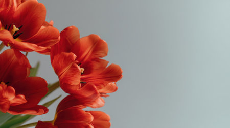 A stunning arrangement of vibrant red tulips showcasing their exquisite petals against a soft background, perfect for nature-themed projects and floral displays.の素材
